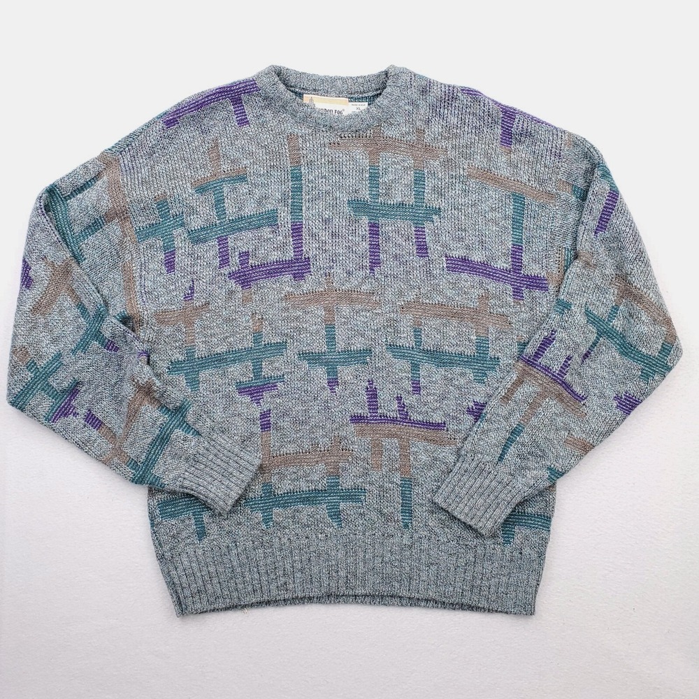 Vintage London Fog Sweater Mens XL Gray Purple Pullover Cosby Dad 90s Grandpa